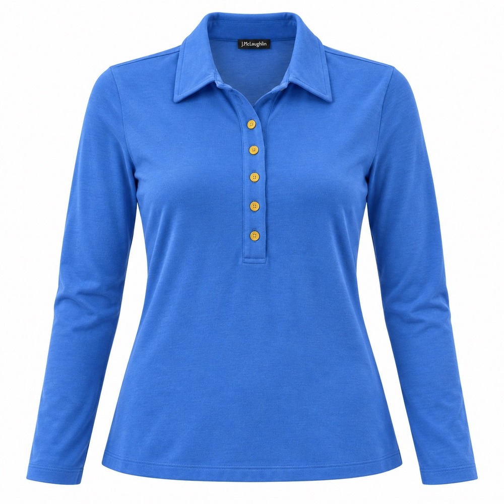 J McLaughlin Size M Blue Long Sleeve Polo Gold Buttons Preppy Coastal Office